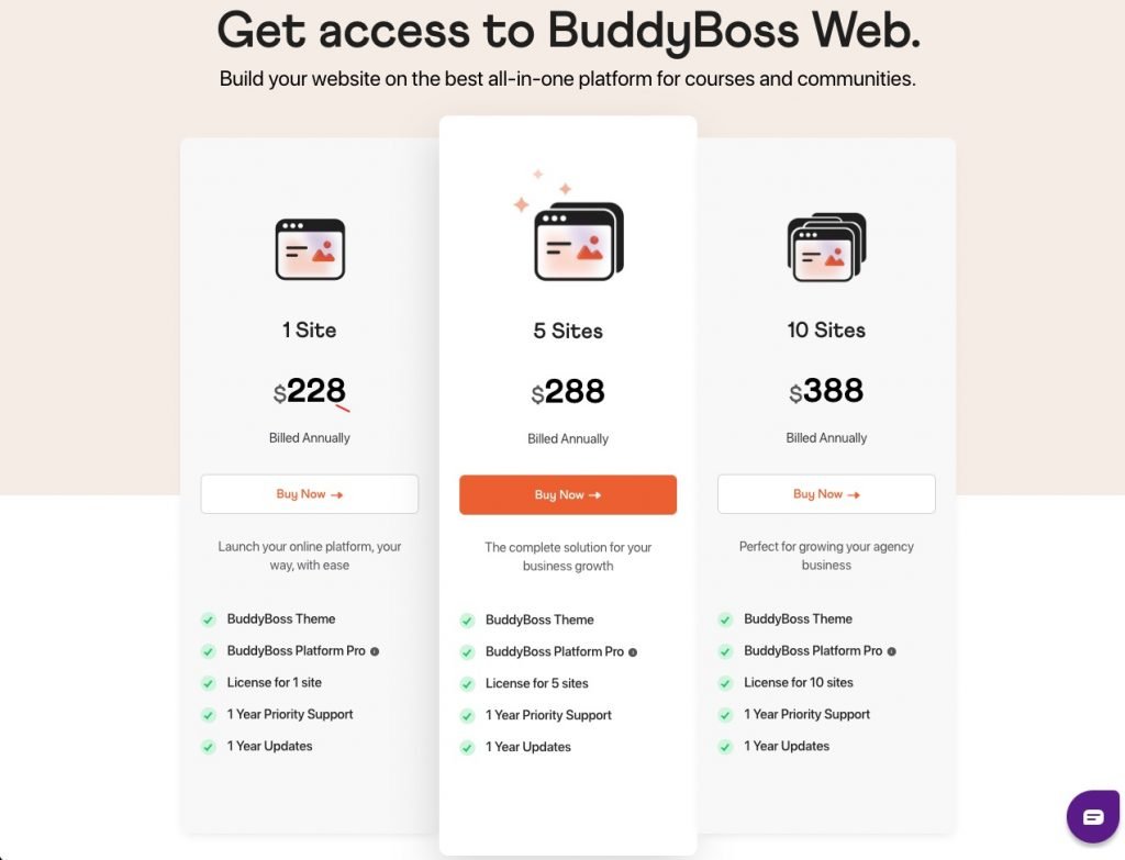 Buddyboss pricing plans and options